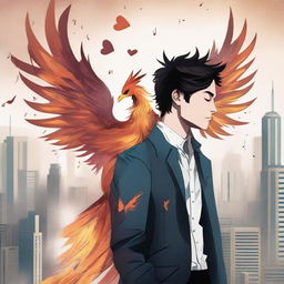 This high-quality digital art illustration for the book 'Harmonizing: The Highs And Lows' depicts a male protagonist in moments of love and heartbreak against the backdrop of a bustling city