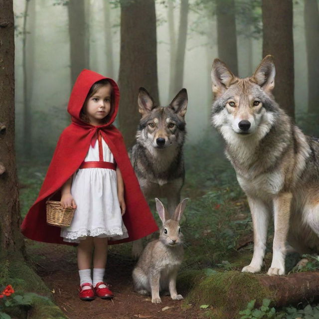 Little Red Riding Hood, a wolf (serigala), and a rabbit in a whimsical, dense forest setting.