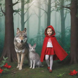 Little Red Riding Hood, a wolf (serigala), and a rabbit in a whimsical, dense forest setting.