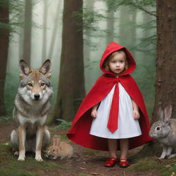 Little Red Riding Hood, a wolf (serigala), and a rabbit in a whimsical, dense forest setting.