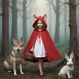 Little Red Riding Hood, a wolf (serigala), and a rabbit in a whimsical, dense forest setting.