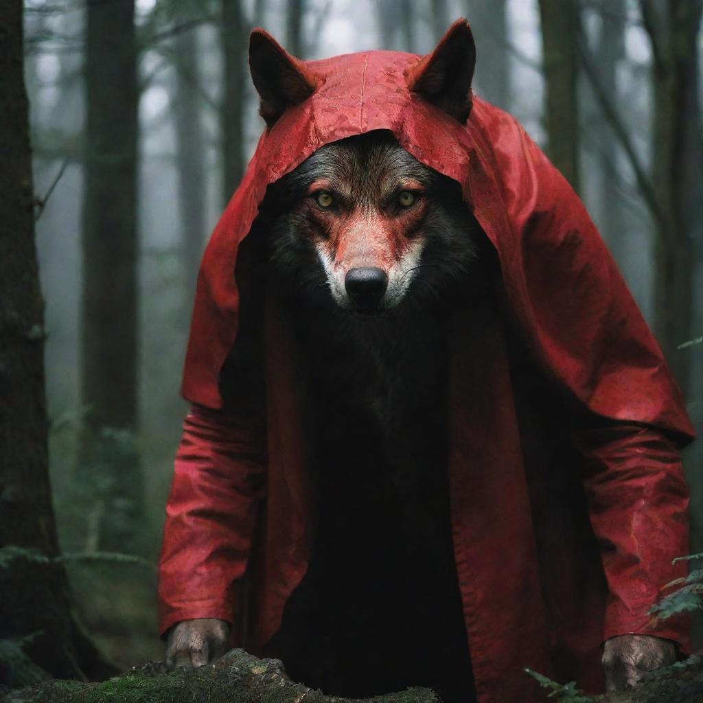 A vivid portrayal of the Big Bad Wolf from the Little Red Riding Hood story, presented as a cunning and threatening figure lurking within the dense, dark forest.