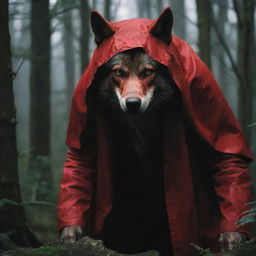 A vivid portrayal of the Big Bad Wolf from the Little Red Riding Hood story, presented as a cunning and threatening figure lurking within the dense, dark forest.