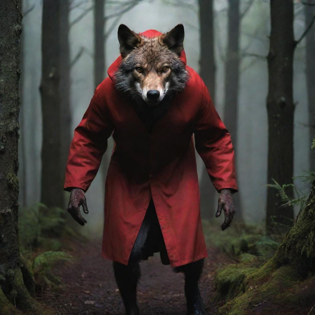 A vivid portrayal of the Big Bad Wolf from the Little Red Riding Hood story, presented as a cunning and threatening figure lurking within the dense, dark forest.