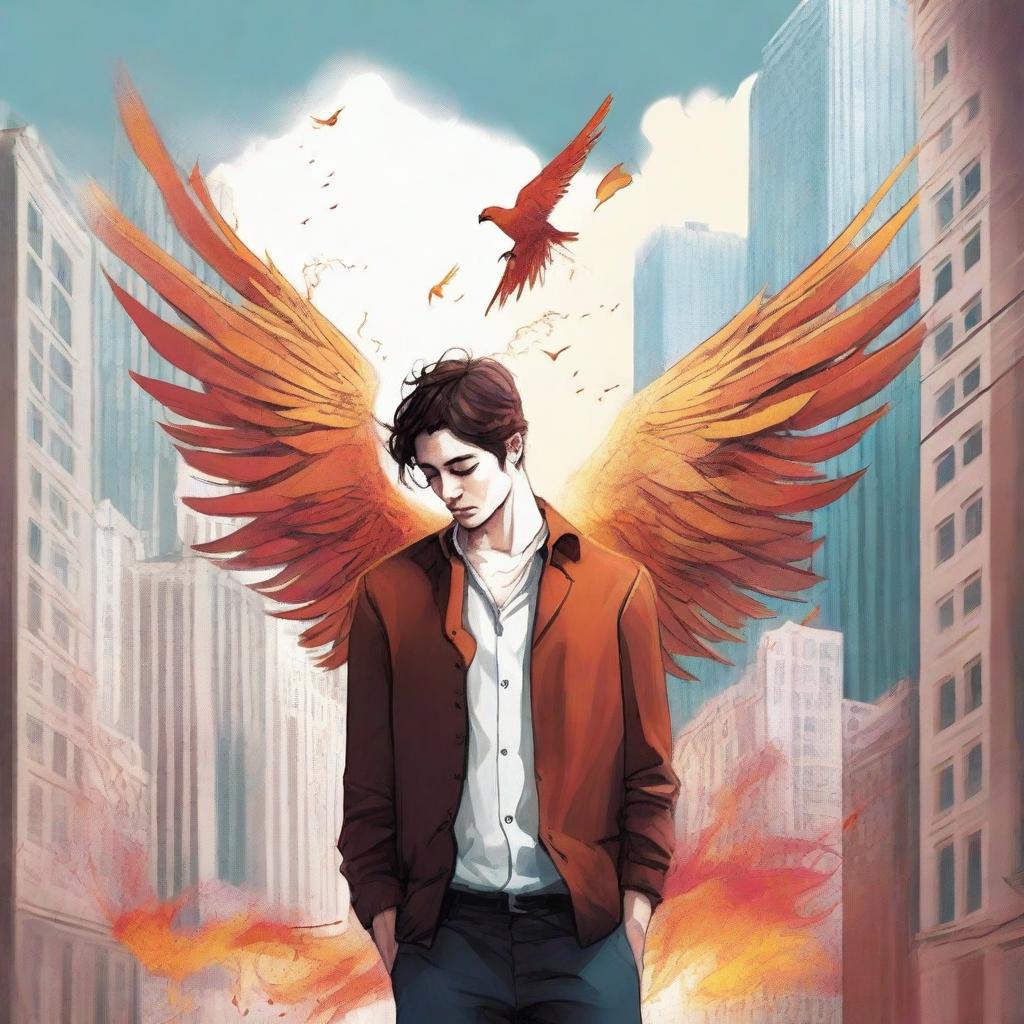 This high-quality digital art illustration for the book 'Harmonizing: The Highs And Lows' vividly depicts the male protagonist in moments of love and heartbreak amidst a bustling city