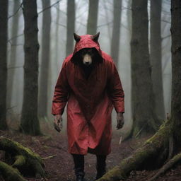 A vivid portrayal of the Big Bad Wolf from the Little Red Riding Hood story, presented as a cunning and threatening figure lurking within the dense, dark forest.