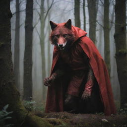 A vivid portrayal of the Big Bad Wolf from the Little Red Riding Hood story, presented as a cunning and threatening figure lurking within the dense, dark forest.