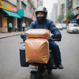 A Shopeefood delivery driver in uniform, riding a motorcycle laden with insulated bags containing food, traversing bustling city streets.