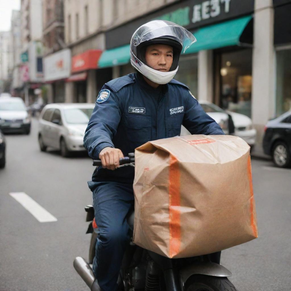 A Shopeefood delivery driver in uniform, riding a motorcycle laden with insulated bags containing food, traversing bustling city streets.