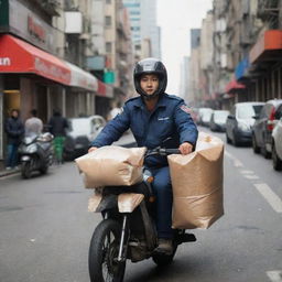 A Shopeefood delivery driver in uniform, riding a motorcycle laden with insulated bags containing food, traversing bustling city streets.