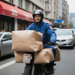 A Shopeefood delivery driver in uniform, riding a motorcycle laden with insulated bags containing food, traversing bustling city streets.