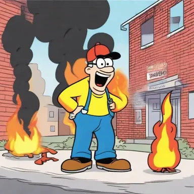 In the cartoon, the clumsy character accidentally sets fire to his surroundings due to the flammable material he is using.