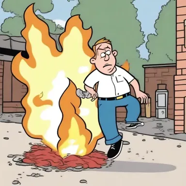 In the cartoon, the clumsy character accidentally sets fire to his surroundings due to the flammable material he is using.