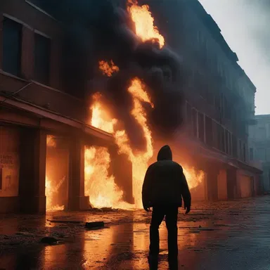 The protagonist narrowly escapes from the burning building in the gripping cinema scene, demonstrating the dangerous nature of flammable substances.