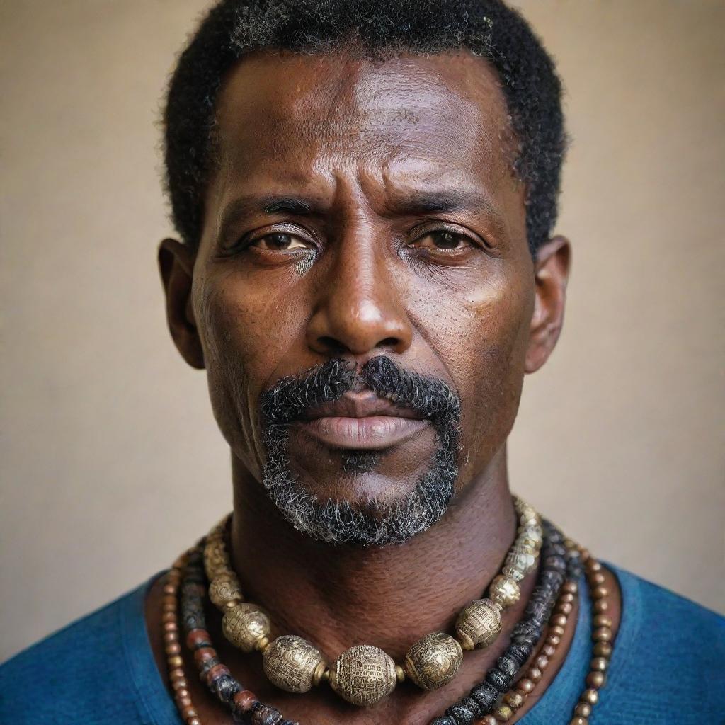 A portrait of a man with a detailed, lustrous bead necklace, highlighting the intricate patterns, the shine, and the texture of the beads.