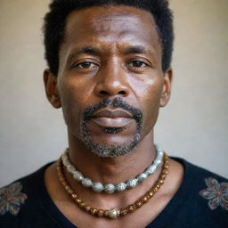 A portrait of a man with a detailed, lustrous bead necklace, highlighting the intricate patterns, the shine, and the texture of the beads.