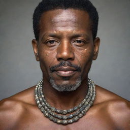 A portrait of a man with a detailed, lustrous bead necklace, highlighting the intricate patterns, the shine, and the texture of the beads.