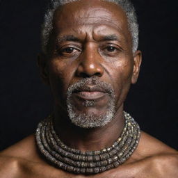 A portrait of a man with a detailed, lustrous bead necklace, highlighting the intricate patterns, the shine, and the texture of the beads.