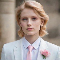 An enchanting image of a feminine boy with flowing saffron blonde hair and rose-pink eyes, elegantly dressed in a tailored white wedding suit, adorned with a distinctive checkerboard earring in one ear.