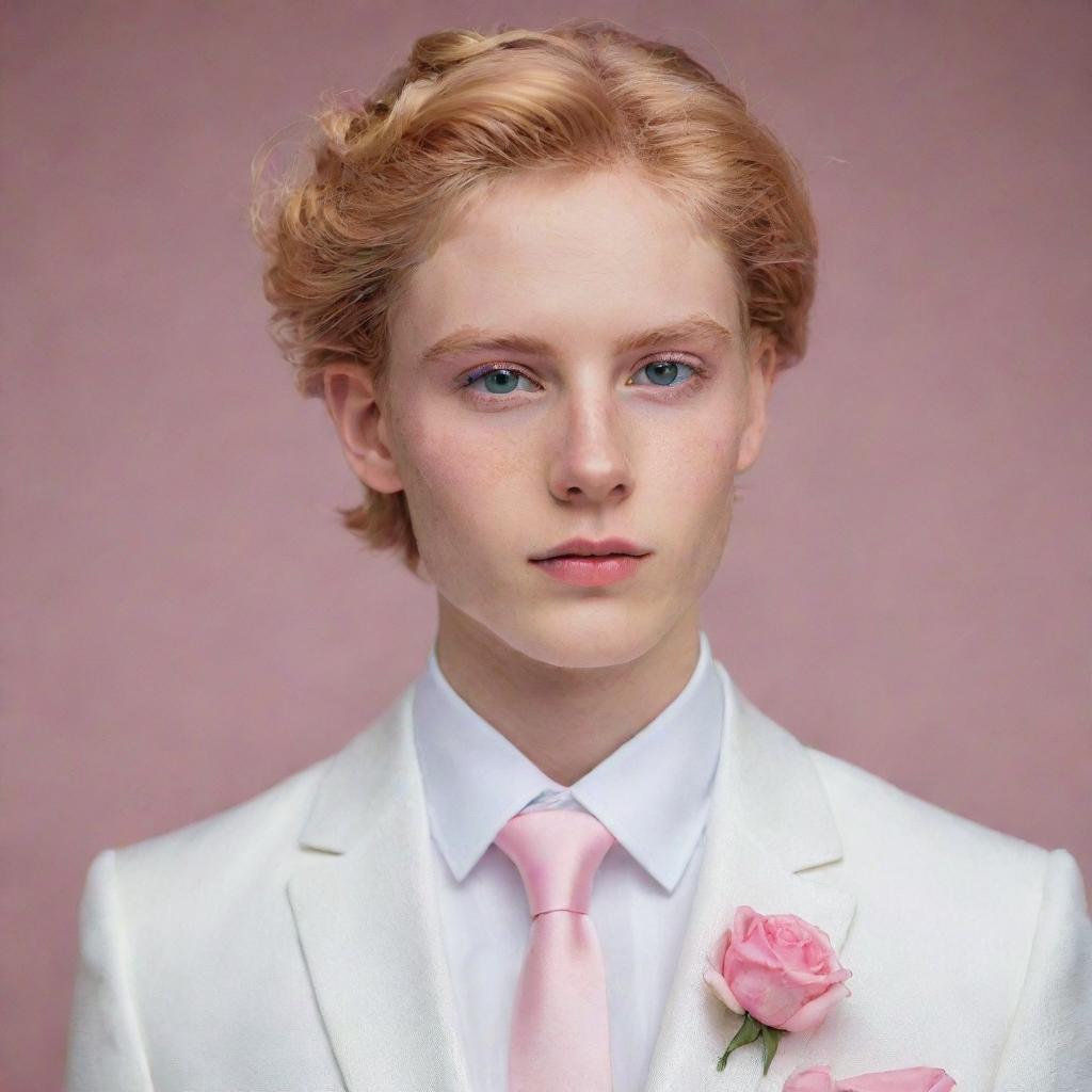 An enchanting image of a feminine boy with flowing saffron blonde hair and rose-pink eyes, elegantly dressed in a tailored white wedding suit, adorned with a distinctive checkerboard earring in one ear.