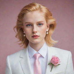 An enchanting image of a feminine boy with flowing saffron blonde hair and rose-pink eyes, elegantly dressed in a tailored white wedding suit, adorned with a distinctive checkerboard earring in one ear.