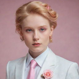 An enchanting image of a feminine boy with flowing saffron blonde hair and rose-pink eyes, elegantly dressed in a tailored white wedding suit, adorned with a distinctive checkerboard earring in one ear.