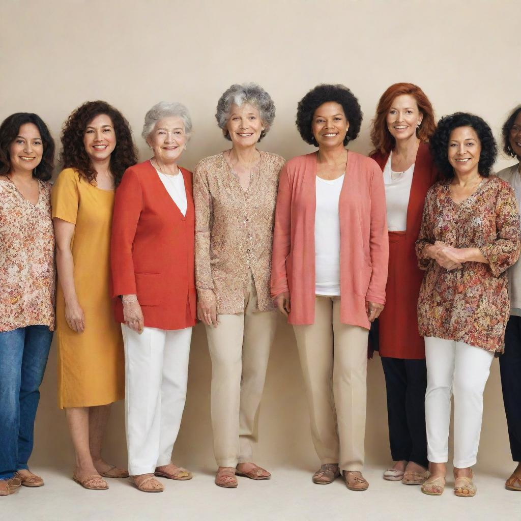 A diverse group of women, showcasing various age groups, cultures and styles, expressing unity and individuality.