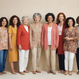 A diverse group of women, showcasing various age groups, cultures and styles, expressing unity and individuality.