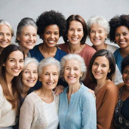 A diverse group of women, showcasing various age groups, cultures and styles, expressing unity and individuality.