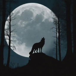 A striking silhouette of the Big Bad Wolf from the Little Red Riding Hood tale, standing ominously in front of a full moon with the dark, dense forest as a backdrop.