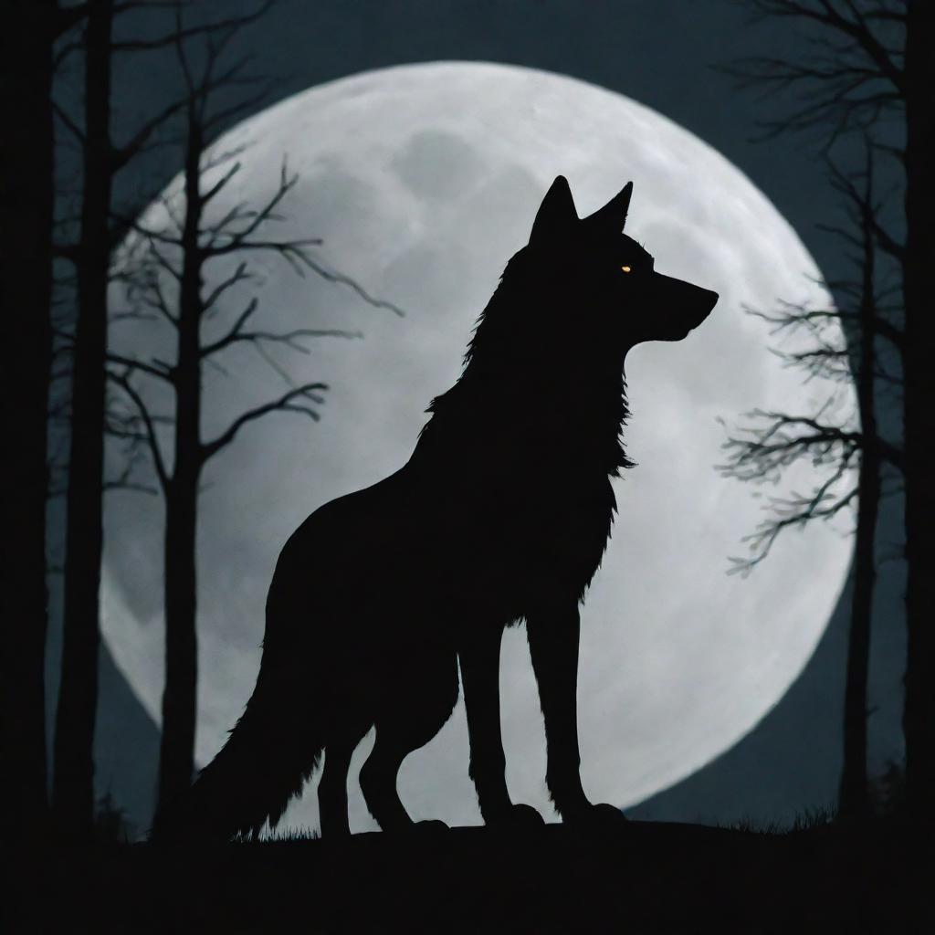 A striking silhouette of the Big Bad Wolf from the Little Red Riding Hood tale, standing ominously in front of a full moon with the dark, dense forest as a backdrop.