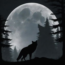 A striking silhouette of the Big Bad Wolf from the Little Red Riding Hood tale, standing ominously in front of a full moon with the dark, dense forest as a backdrop.