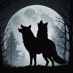 A striking silhouette of the Big Bad Wolf from the Little Red Riding Hood tale, standing ominously in front of a full moon with the dark, dense forest as a backdrop.