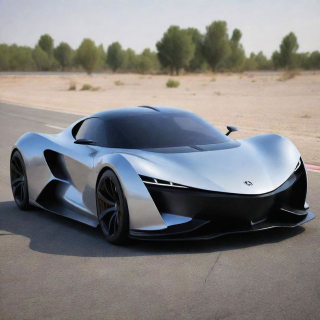 Visualize an image of a hypothetical super sport car produced by Iran Khodro Co. in 2023 encompassing their design ethos and advanced technology.