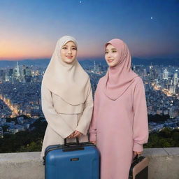 Two girls, one wearing a hijab and the other not, standing with their luggage amidst the cityscape of Korea, their eyes filled with awe and admiration as they look at the star-studded Korean sky.