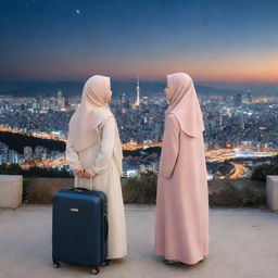 Two girls, one wearing a hijab and the other not, standing with their luggage amidst the cityscape of Korea, their eyes filled with awe and admiration as they look at the star-studded Korean sky.