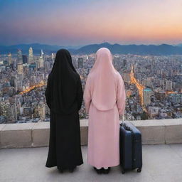 Two girls, one wearing a hijab and the other not, standing with their luggage amidst the cityscape of Korea, their eyes filled with awe and admiration as they look at the star-studded Korean sky.