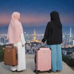 Two girls, one wearing a hijab and the other not, standing with their luggage amidst the cityscape of Korea, their eyes filled with awe and admiration as they look at the star-studded Korean sky.