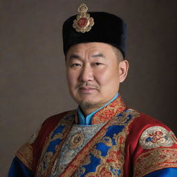 A dignified portrait of the Mongolian President Khurelsukh. He has a confident expression, wearing a traditional Mongolian costume.