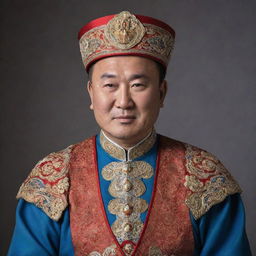 A dignified portrait of the Mongolian President Khurelsukh. He has a confident expression, wearing a traditional Mongolian costume.