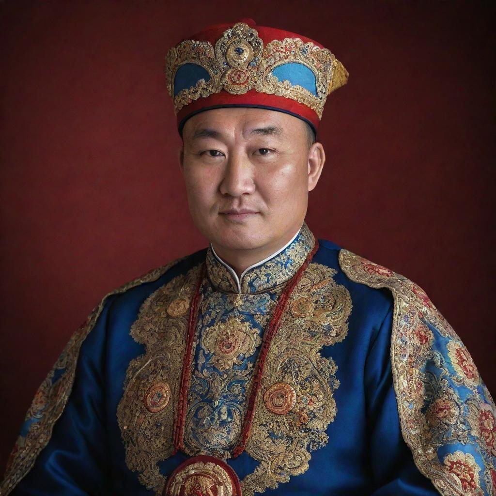 A dignified portrait of the Mongolian President Khurelsukh. He has a confident expression, wearing a traditional Mongolian costume.