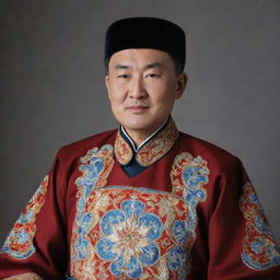 A dignified portrait of the Mongolian President Khurelsukh. He has a confident expression, wearing a traditional Mongolian costume.