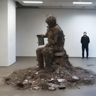 The artist created a sculpture depicting a figure in the act of egesting waste.
