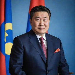 A professional portrait of the current Mongolia's president in a formal wear with Mongolia's national flag in the background.