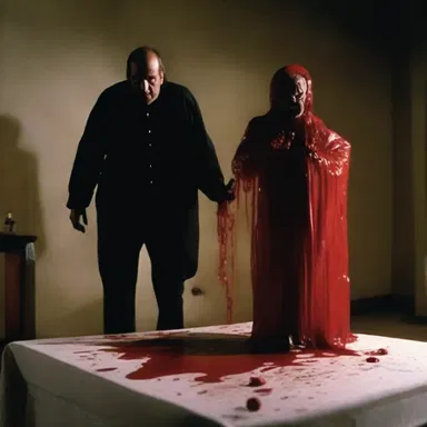 In the horror movie, the possessed character starts to egest a mysterious black substance instead of blood.
