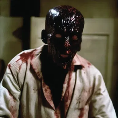 In the horror movie, the possessed character starts to egest a mysterious black substance instead of blood.