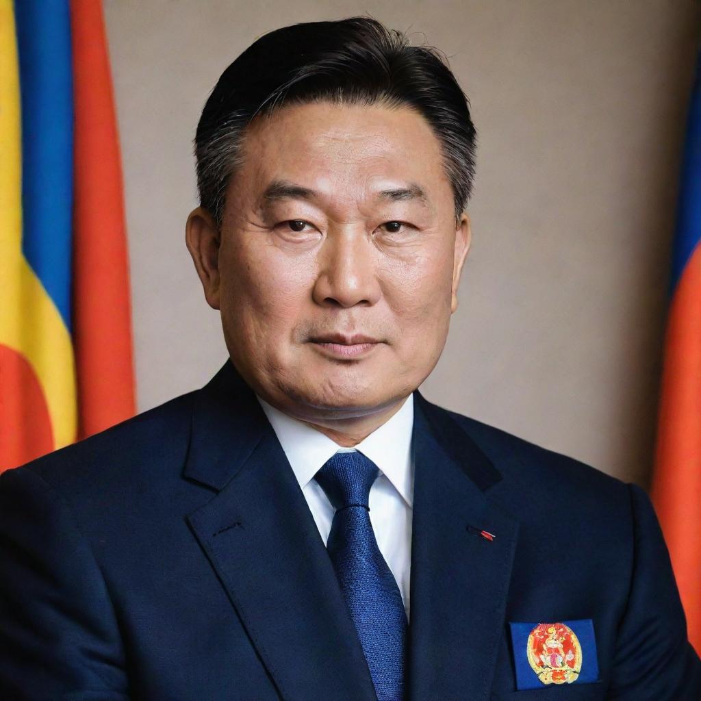 A professional portrait of the current Mongolia's president in a formal wear with Mongolia's national flag in the background.