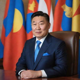 A professional portrait of the current Mongolia's president in a formal wear with Mongolia's national flag in the background.