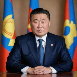 A professional portrait of the current Mongolia's president in a formal wear with Mongolia's national flag in the background.