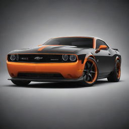 Create an image of the toughest modern muscle car with aggressive lines, bold colors, wide tires, and a powerful engine.